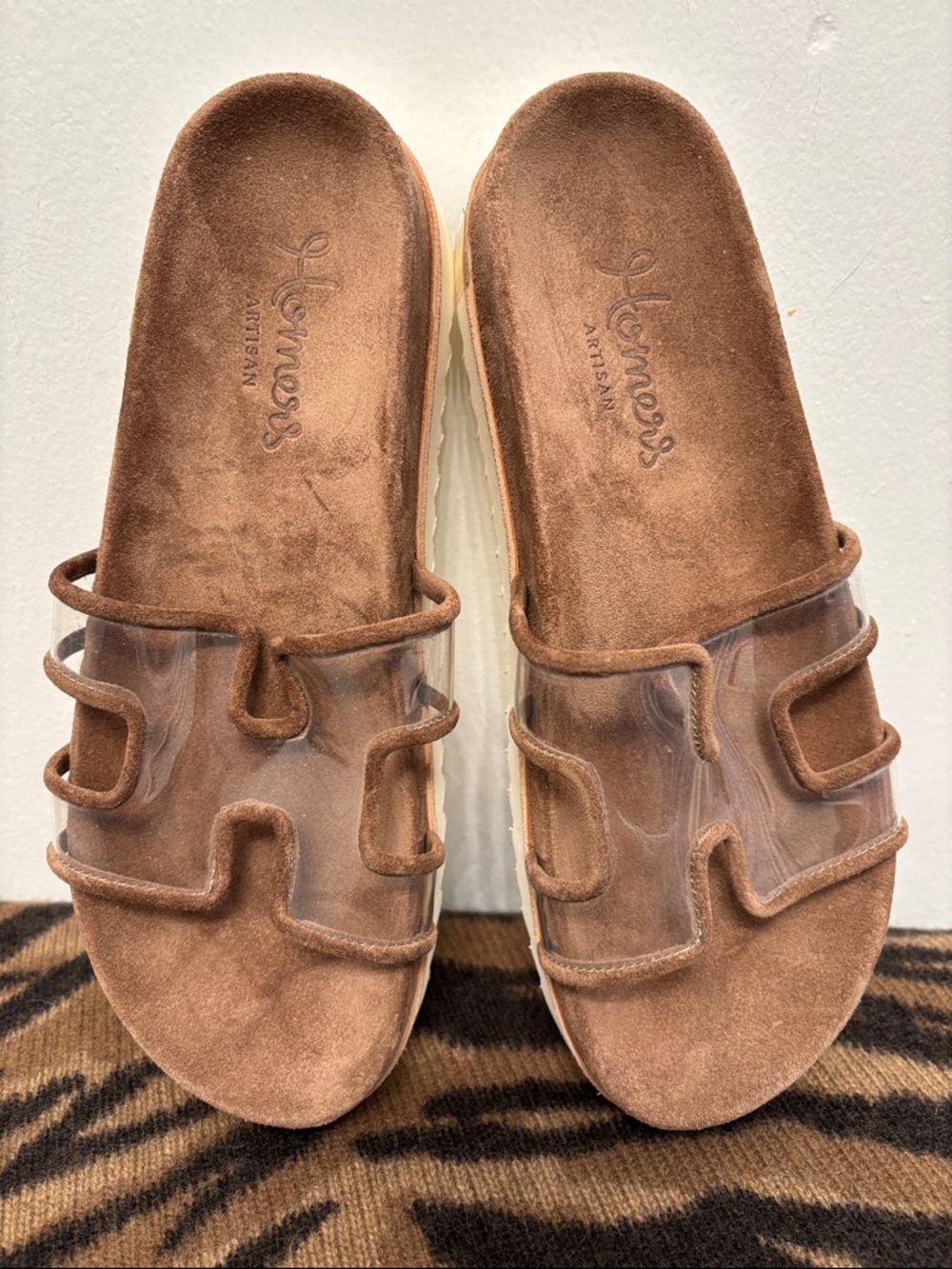 Homers Artisan Brown Suede Slide Sandals with Clear Upper